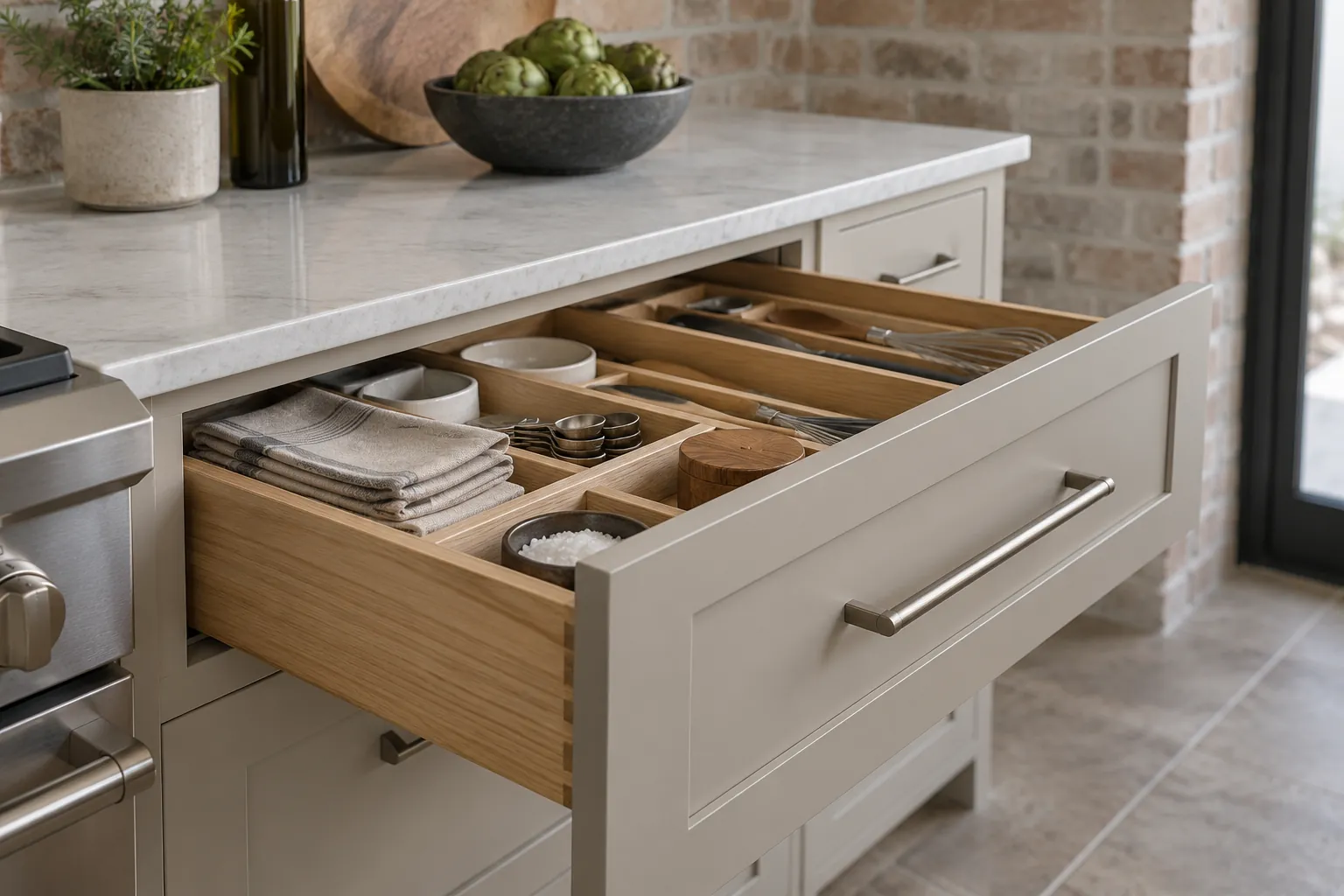 Open wood drawer with fitted dividers, plates and bowls beneath a pale stone counter