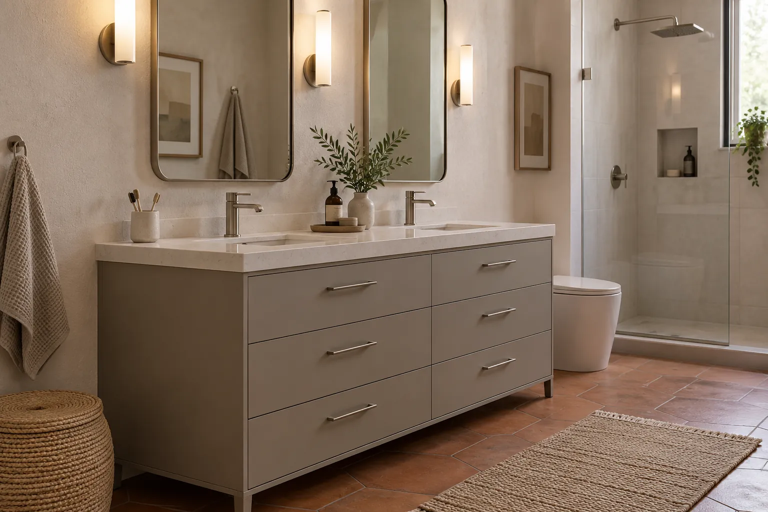 Putty double vanity with long drawers beside a glass shower